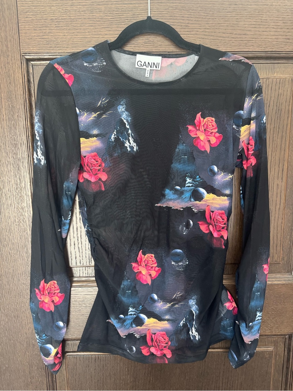 Ganni Black Mesh Long-Sleeve Top with Pink Floral Print